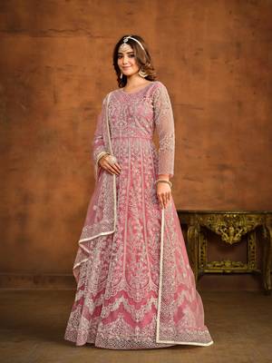 Pink net heavy thread embroidery work salwar kameez 2