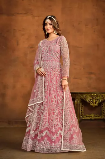 Pink net heavy thread embroidery work salwar kameez