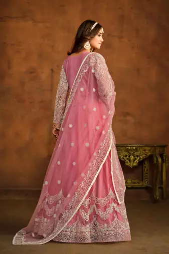 Pink net heavy thread embroidery work salwar kameez