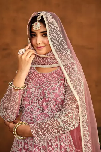 Pink net heavy thread embroidery work salwar kameez