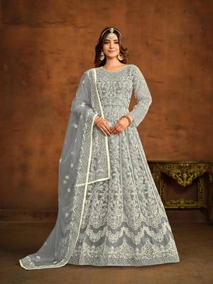 Grey net heavy thread embroidery work salwar kameez 1