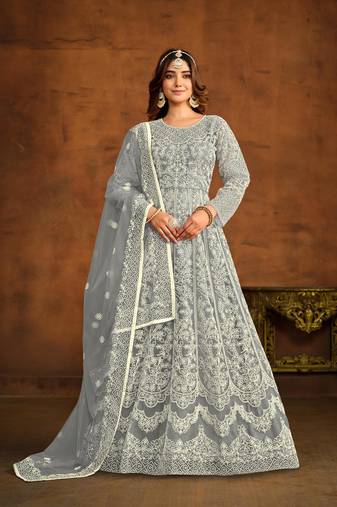 Grey net heavy thread embroidery work salwar kameez