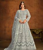 Grey net heavy thread embroidery work salwar kameez