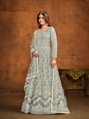 Grey net heavy thread embroidery work salwar kameez 2