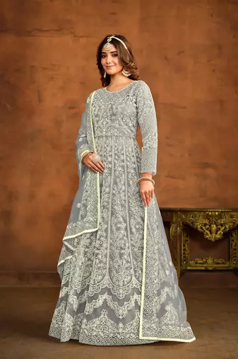 Grey net heavy thread embroidery work salwar kameez