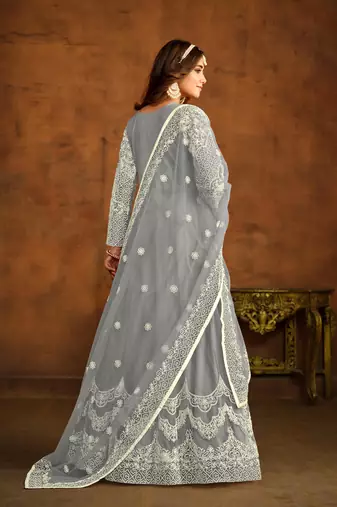 Grey net heavy thread embroidery work salwar kameez