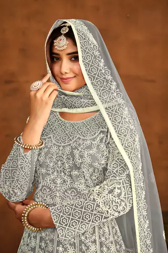 Grey net heavy thread embroidery work salwar kameez