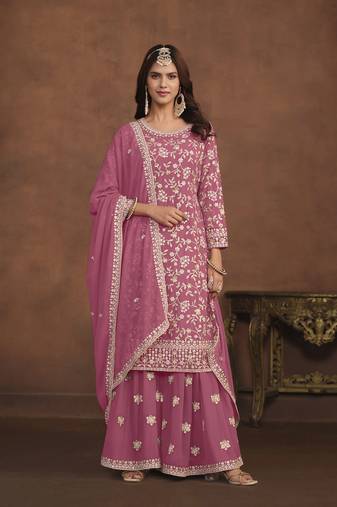 Pink faux georgette heavy thread embroidery with sequis work salwar kameez
