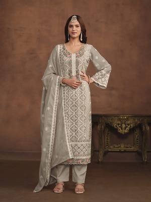 Grey soft organza heavy thread embroidery with sequis work salwar kameez 1