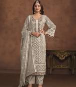 Grey soft organza heavy thread embroidery with sequis work salwar kameez