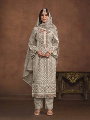Grey soft organza heavy thread embroidery with sequis work salwar kameez 2