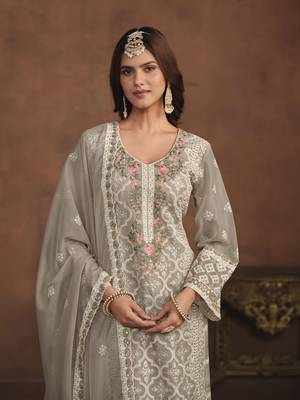 Grey soft organza heavy thread embroidery with sequis work salwar kameez 3