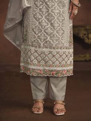 Grey soft organza heavy thread embroidery with sequis work salwar kameez 4