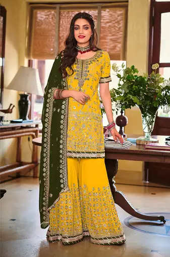 Yellow color georgette embroidered palazzo suit