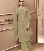 Beige Net Embroidered Straight Salwar Kameez