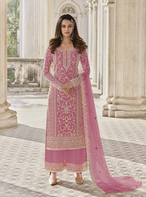 Light Pink Net Embroidered Straight Salwar Kameez 1