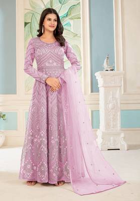 Rose Pink  Embroidered Semi Stitched Net Anarkali Suit 1