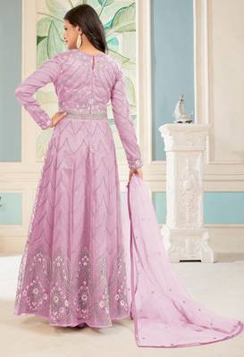 Rose Pink  Embroidered Semi Stitched Net Anarkali Suit 2