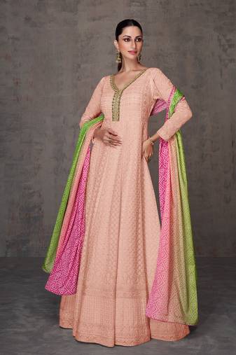 Peach  Faux Georgette Embroidered Semi Stitched Designer Suit