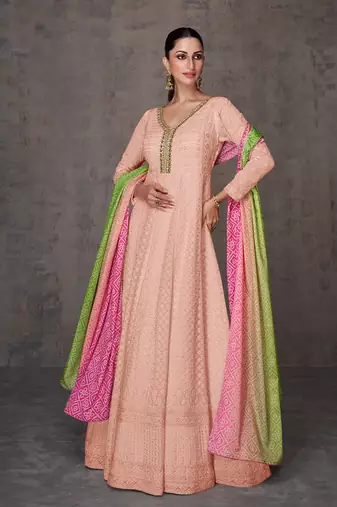 Peach  Faux Georgette Embroidered Semi Stitched Suit