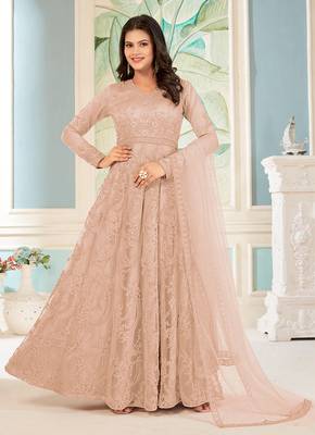 Light chikoo colour soft net embroidered partywear salwar kameez 1