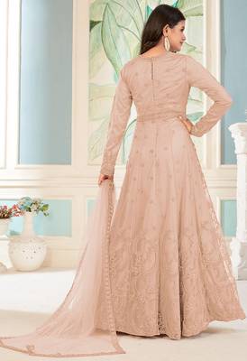 Light chikoo colour soft net embroidered partywear salwar kameez 2