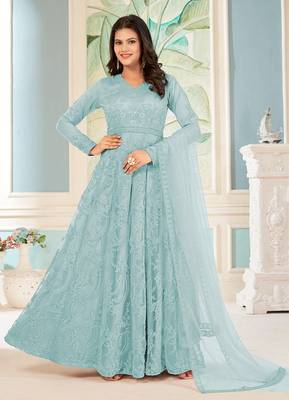 Sky blue colour soft net embroidered partywear salwar kameez 1
