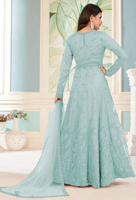 Sky blue colour soft net embroidered partywear salwar kameez 2