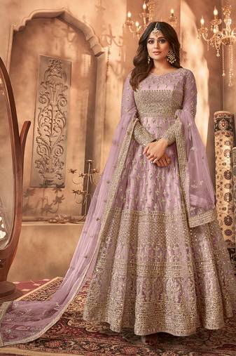 Lavender  Embroidered Semi Stitched Net Anarkali Suit