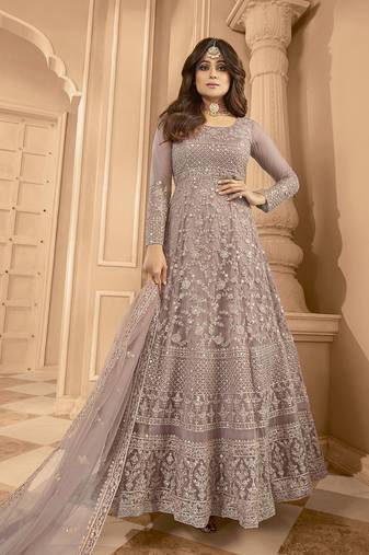 Light Mauve  Embroidered Semi Stitched Net Anarkali Suit