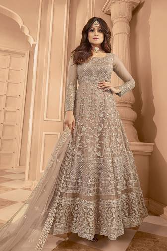 Chikoo  Embroidered Semi Stitched Net Anarkali Suit