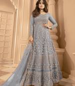 Grey  Embroidered Semi Stitched Net Anarkali Suit