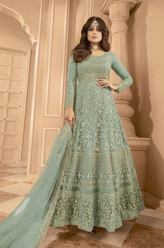 Light Teal Green  Embroidered Semi Stitched Net Anarkali Suit
