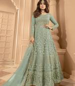 Light Teal Green  Embroidered Semi Stitched Net Anarkali Suit