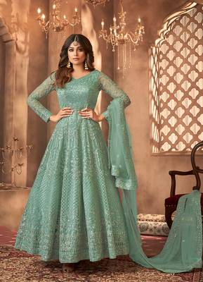 Sea Green  Embroidered Semi Stitched Net Anarkali Suit 1