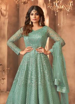 Sea Green  Embroidered Semi Stitched Net Anarkali Suit 2