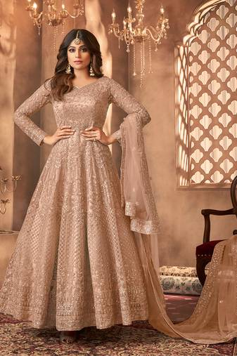 Peach  Embroidered Semi Stitched Net Anarkali Suit