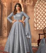 Grey  Embroidered Semi Stitched Net Anarkali Suit