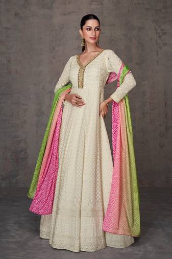 Cream color georgette embroidered designer partywear suit