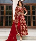 Maroon Soft Net Semi Stitched Embroidered Salwar Suit