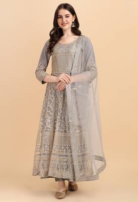 Grey color soft net semi stitched embroidered designer salwar suit 1