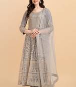 Grey color soft net semi stitched embroidered designer salwar suit
