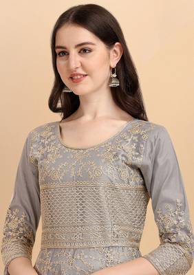 Grey color soft net semi stitched embroidered designer salwar suit 3