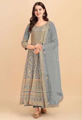 Slate grey color soft net semi stitched embroidered designer salwar suit 1