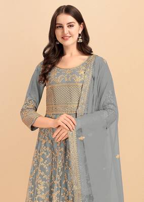 Slate grey color soft net semi stitched embroidered designer salwar suit 2