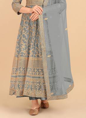 Slate grey color soft net semi stitched embroidered designer salwar suit 3