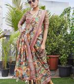 Digital Print Floral Printed Woven Design Zari Border Cotton Linen Saree