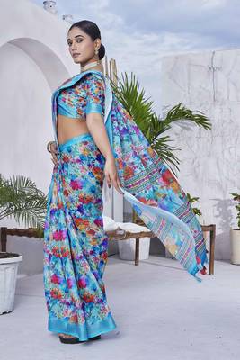 Digital Print Floral Printed Woven Design Zari Border Cotton Linen Saree 1