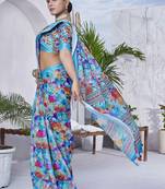 Digital Print Floral Printed Woven Design Zari Border Cotton Linen Saree