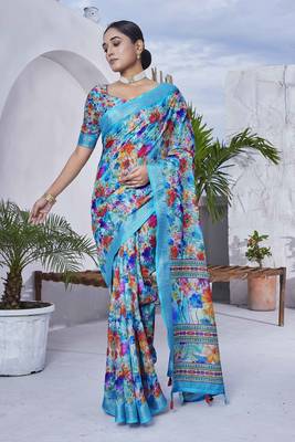 Digital Print Floral Printed Woven Design Zari Border Cotton Linen Saree 2